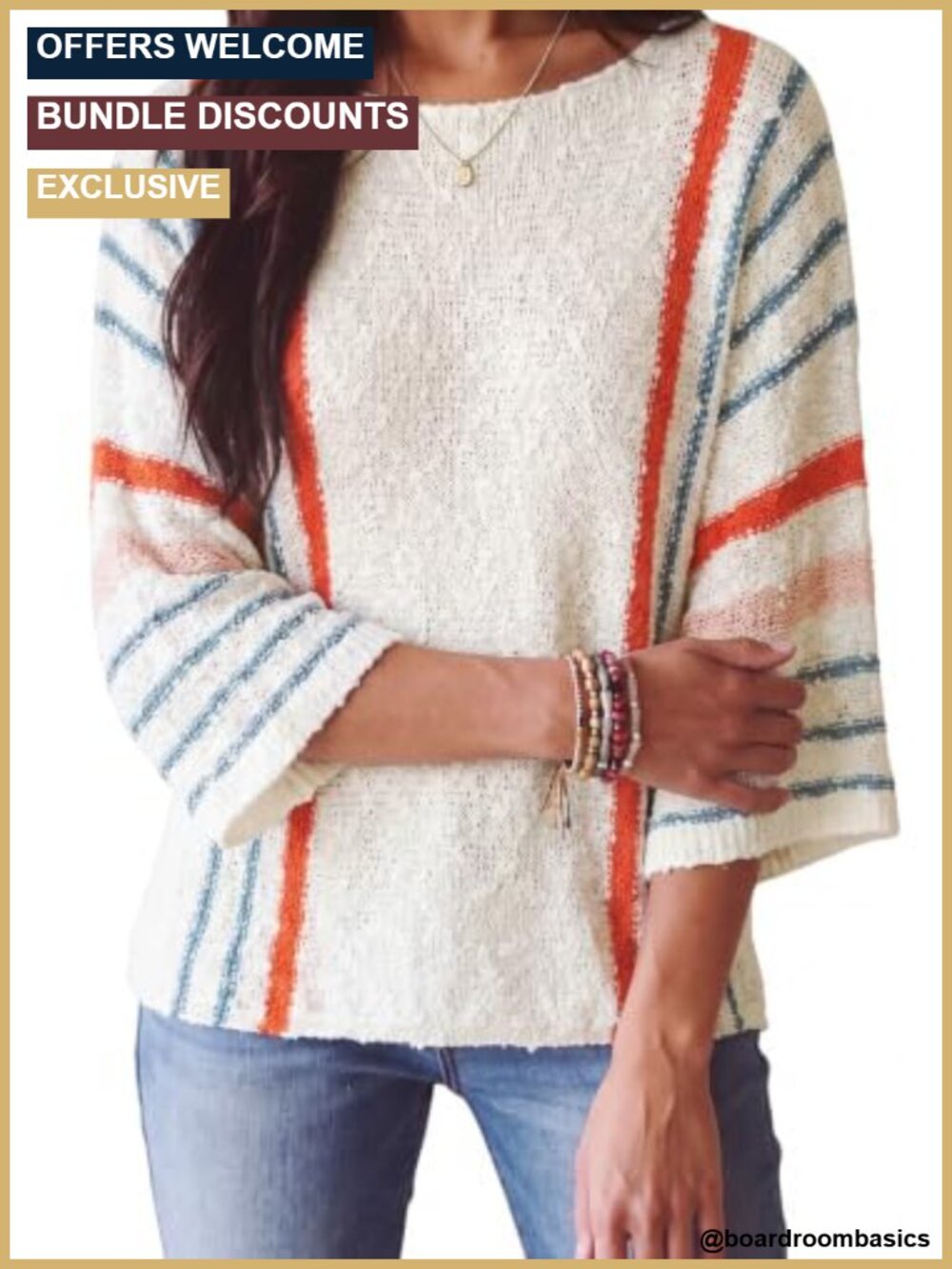 Womens Crewneck 3/4 Sleeve Knit Pullover Sweater Loose Fit